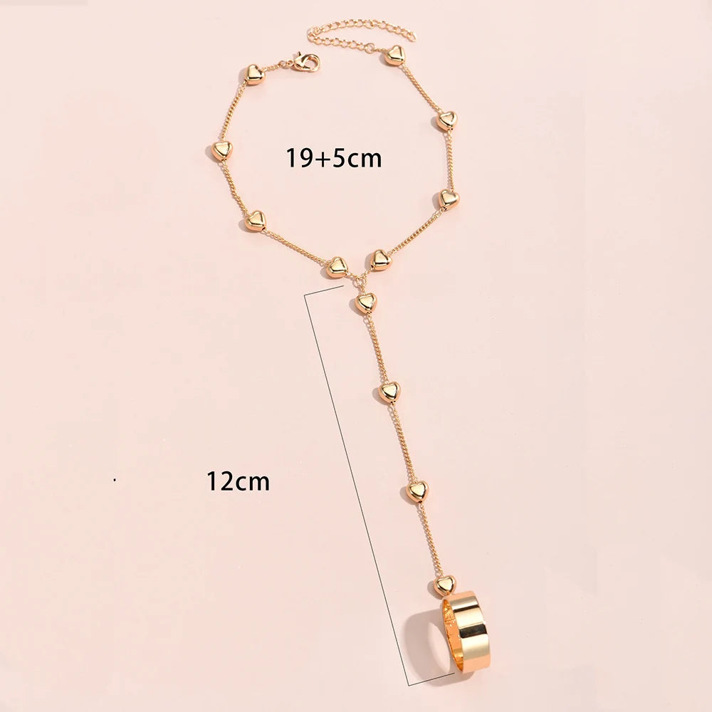 Simple Heart Pendant Chain Bracelet Link Connected Gold plated Wide Finger Ring Bracelets for Women