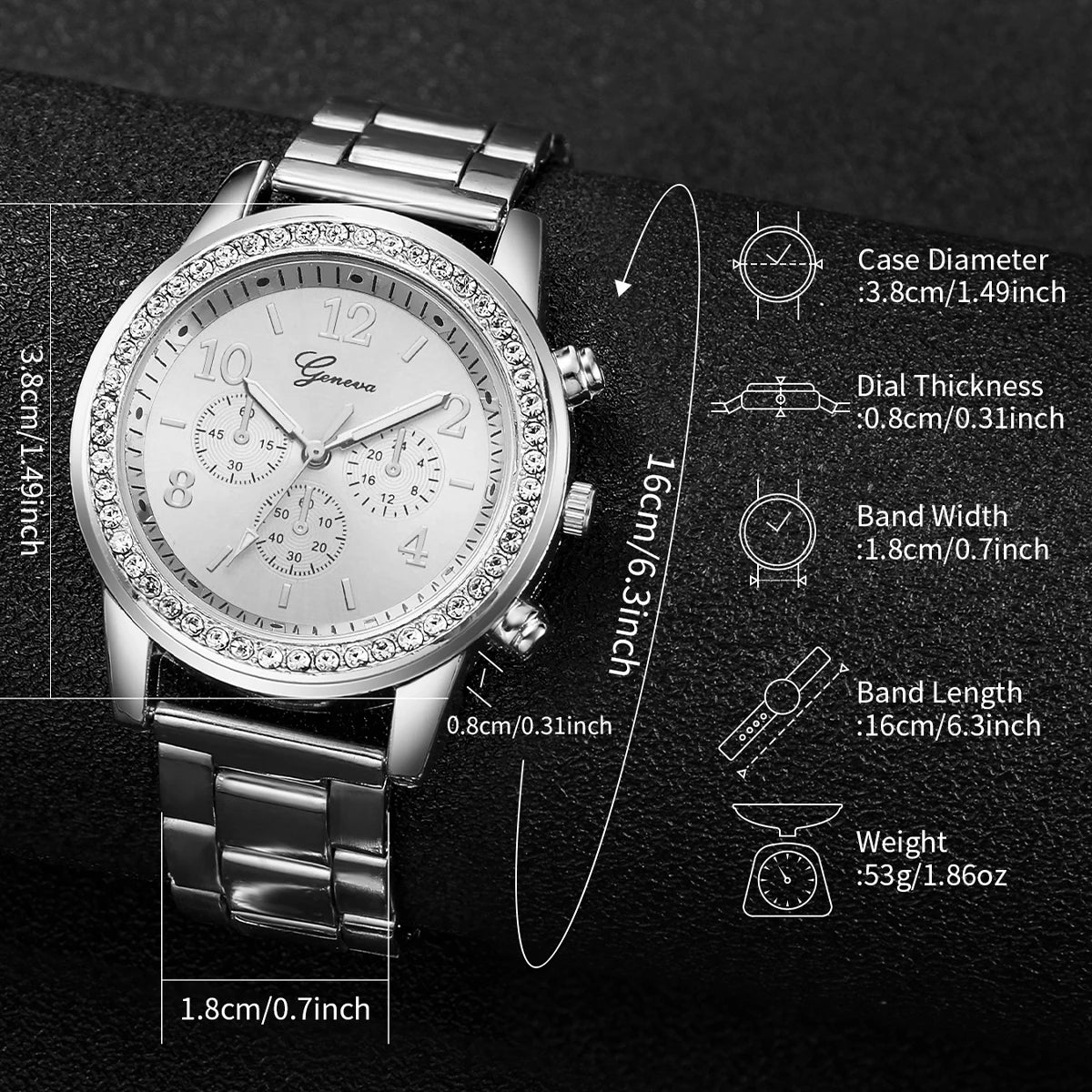 2PCS Women's Watch Fashion Rhinestone Silver Steel Band Analog Quartz Watches Bracelet Set