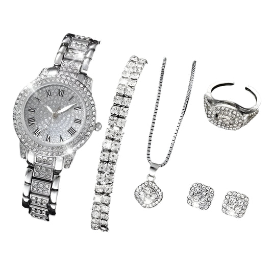 6PCS Women Watch Luxury Elegant Alloy Watch Crystal Wristwatch For Ladies