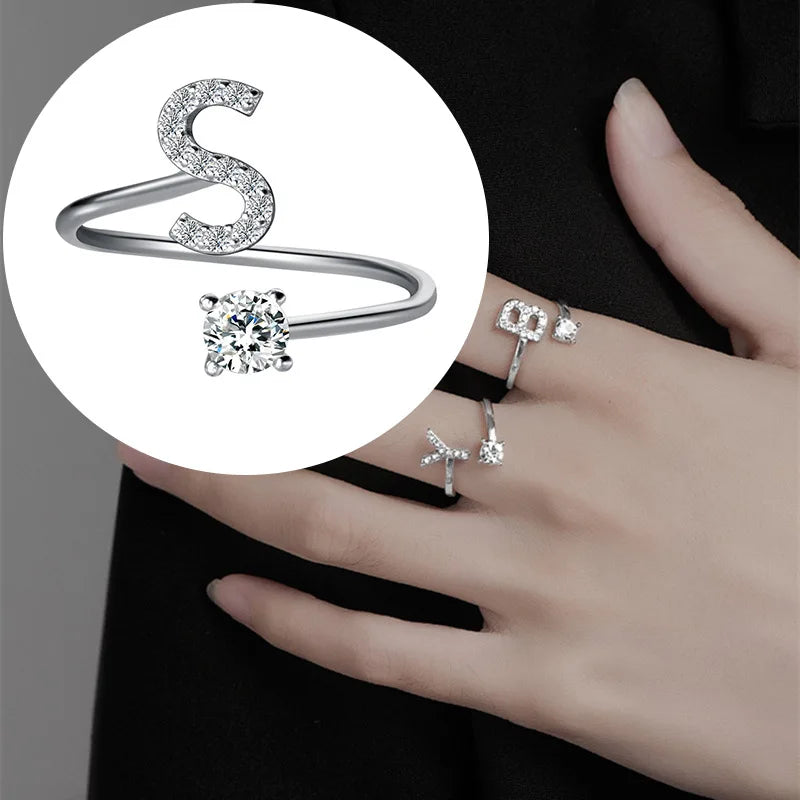 Zircon Initial A-Z Letter Ring For Women Metal Adjustable Opening Ring Name Alphabet Female Wedding Gift anillos mujer