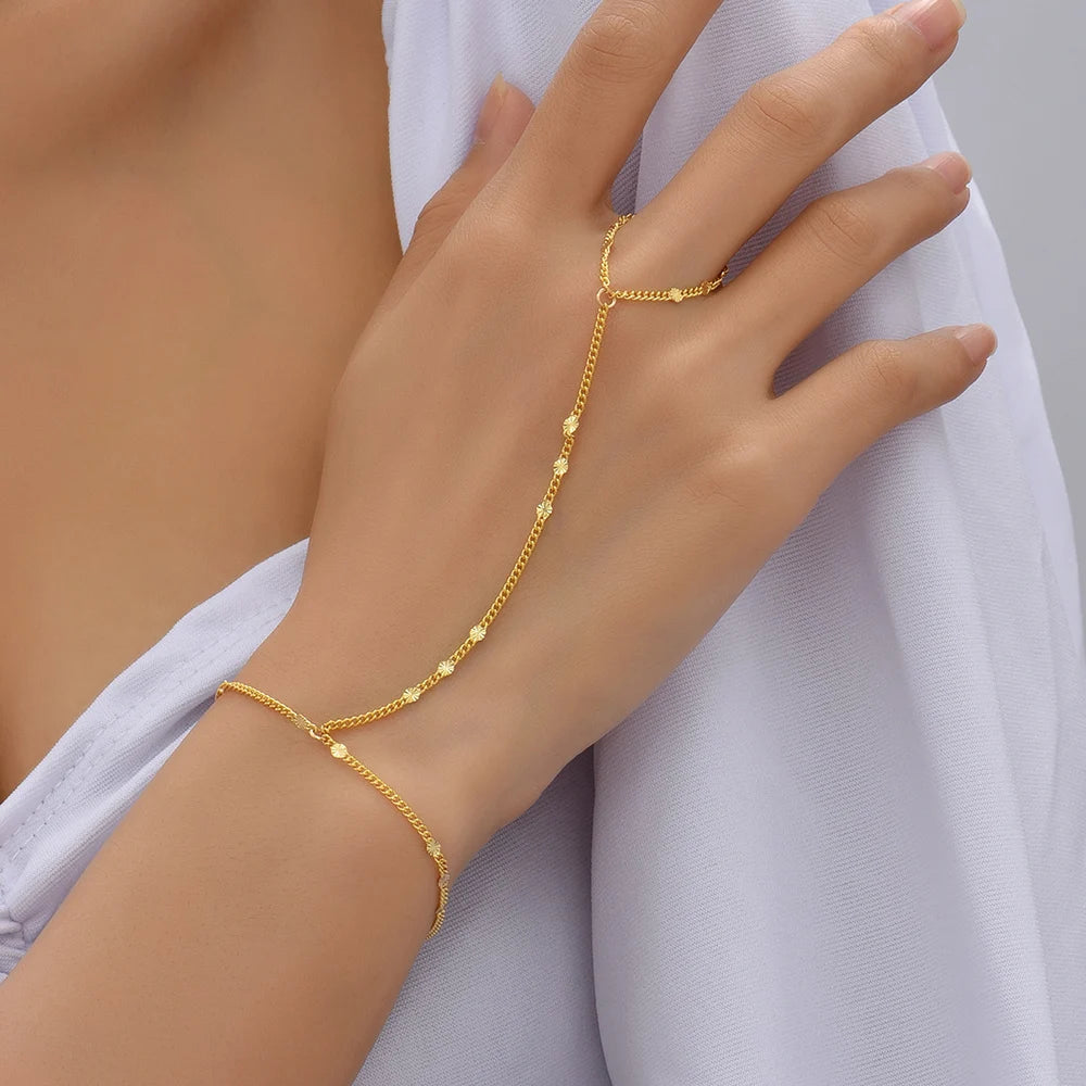 Simple Heart Pendant Chain Bracelet Link Connected Gold plated Wide Finger Ring Bracelets for Women