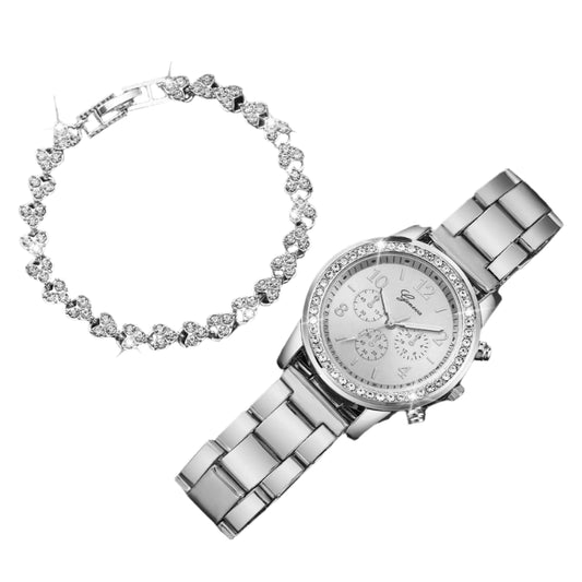 2PCS Women's Watch Fashion Rhinestone Silver Steel Band Analog Quartz Watches Bracelet Set