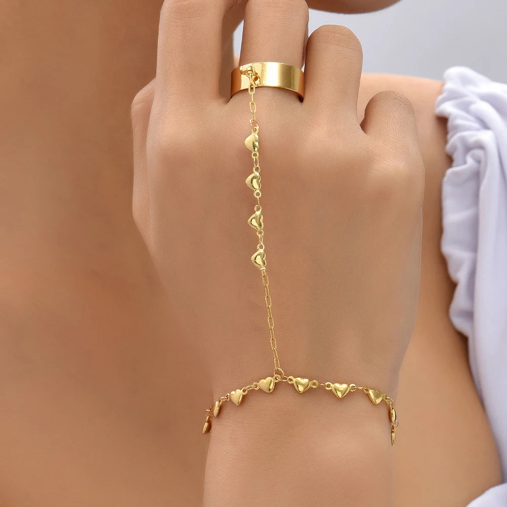 Simple Heart Pendant Chain Bracelet Link Connected Gold plated Wide Finger Ring Bracelets for Women