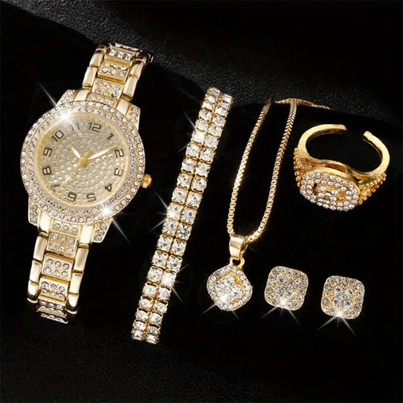 6PCS Women Watch Luxury Elegant Alloy Watch Crystal Wristwatch For Ladies