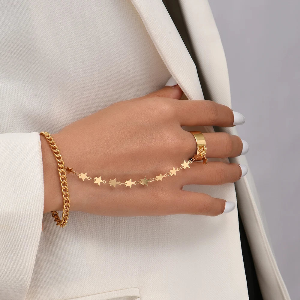 Simple Heart Pendant Chain Bracelet Link Connected Gold plated Wide Finger Ring Bracelets for Women