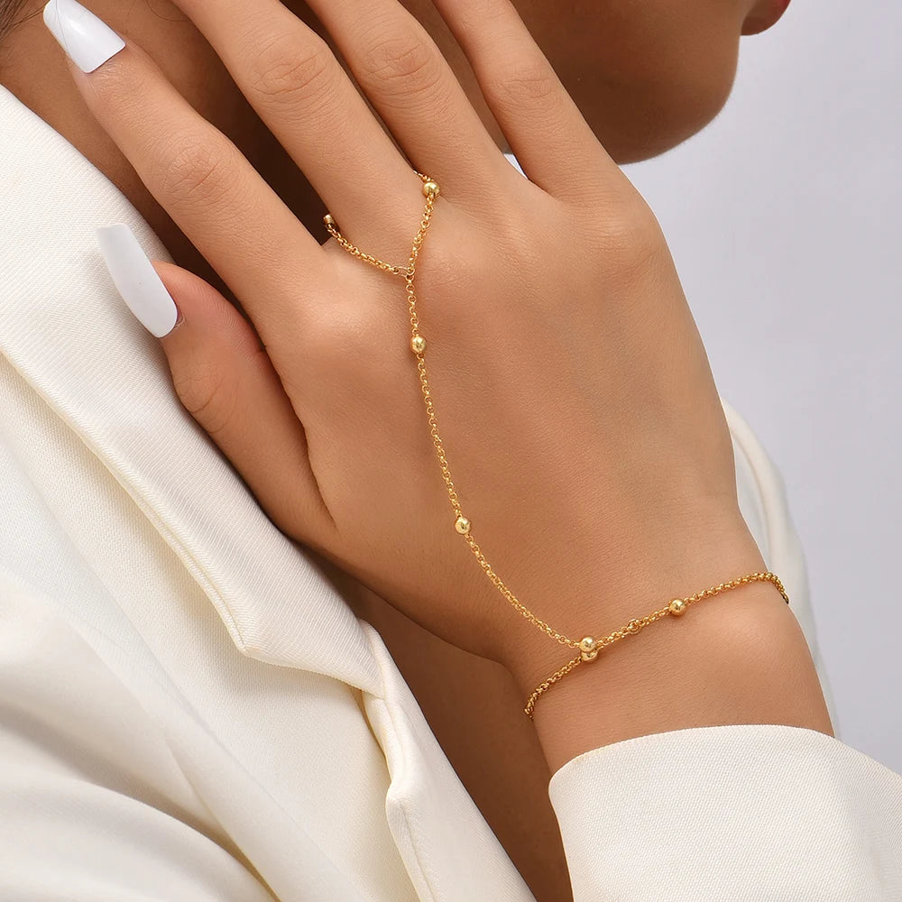 Simple Heart Pendant Chain Bracelet Link Connected Gold plated Wide Finger Ring Bracelets for Women