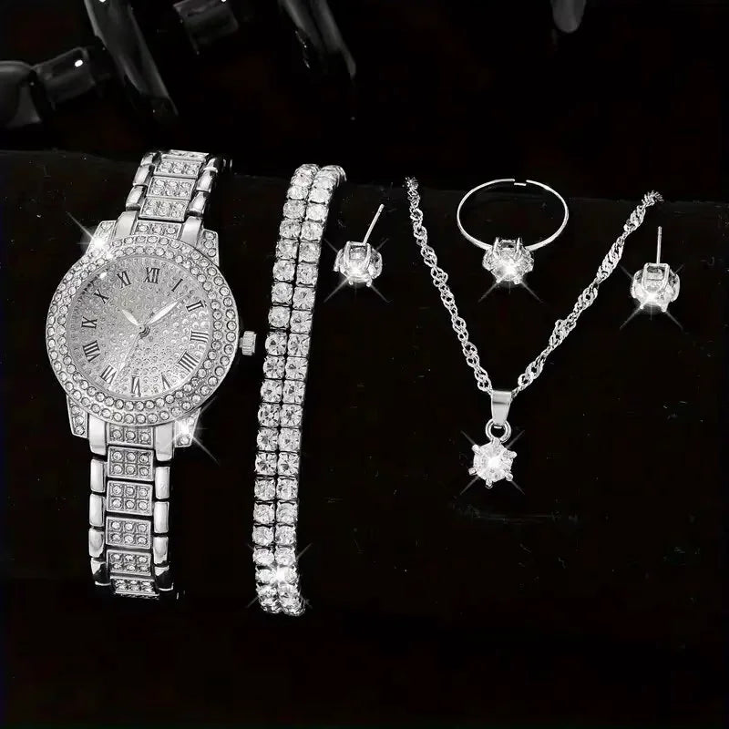 6PCS Women Watch Luxury Elegant Alloy Watch Crystal Wristwatch For Ladies