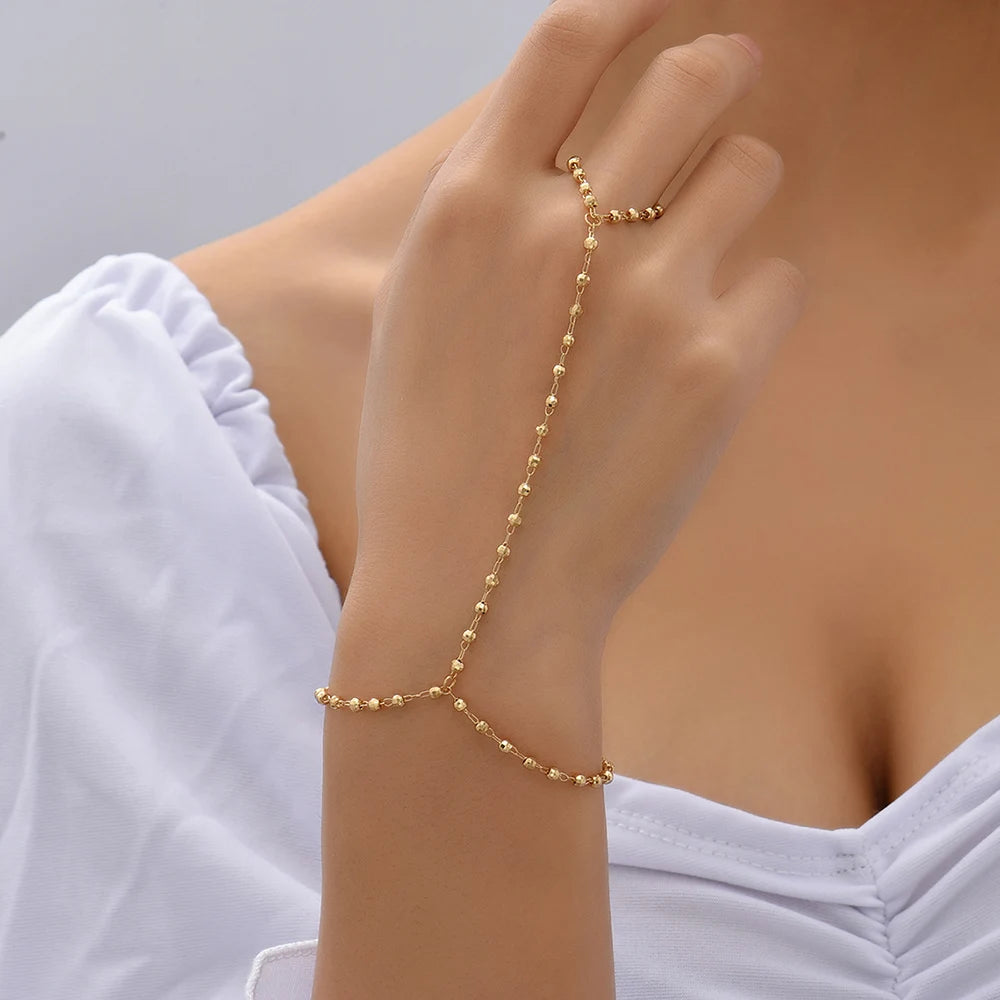 Simple Heart Pendant Chain Bracelet Link Connected Gold plated Wide Finger Ring Bracelets for Women