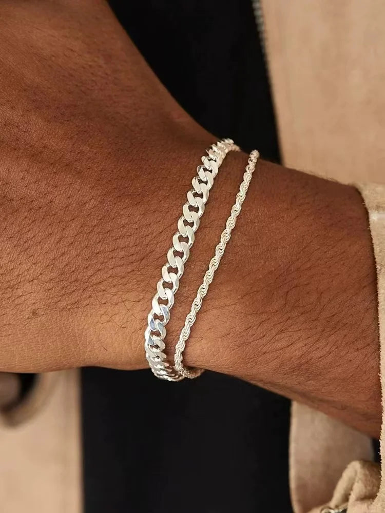 Simple Silver Color Stainless Steel Twist Chain Bracelet For Men .