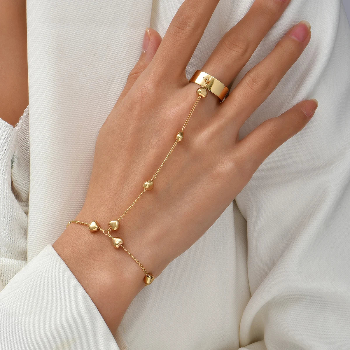 Simple Heart Pendant Chain Bracelet Link Connected Gold plated Wide Finger Ring Bracelets for Women