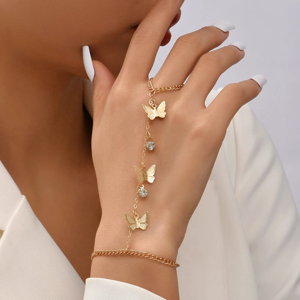 Simple Heart Pendant Chain Bracelet Link Connected Gold plated Wide Finger Ring Bracelets for Women