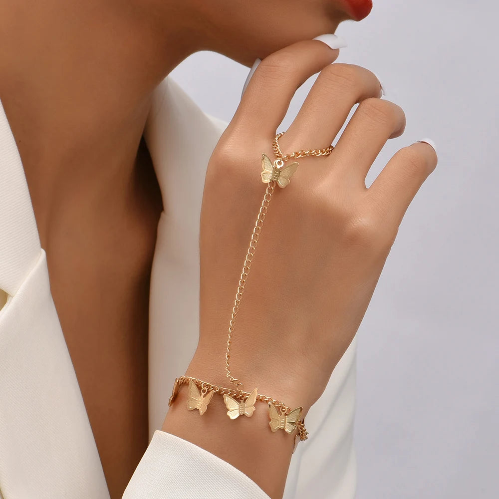 Simple Heart Pendant Chain Bracelet Link Connected Gold plated Wide Finger Ring Bracelets for Women