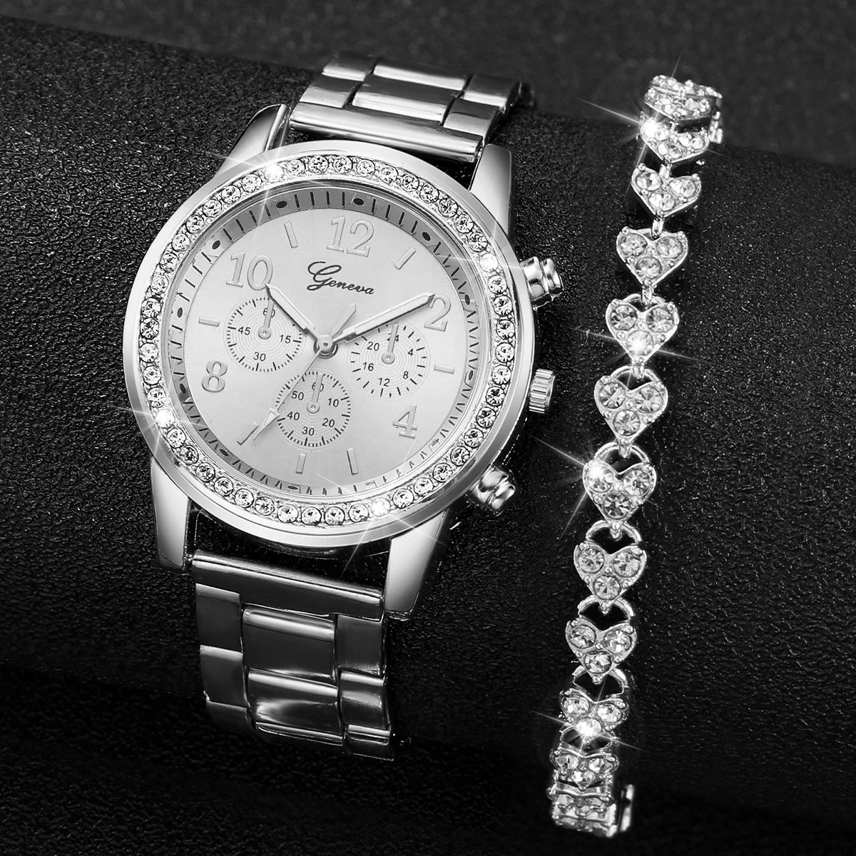 2PCS Women's Watch Fashion Rhinestone Silver Steel Band Analog Quartz Watches Bracelet Set