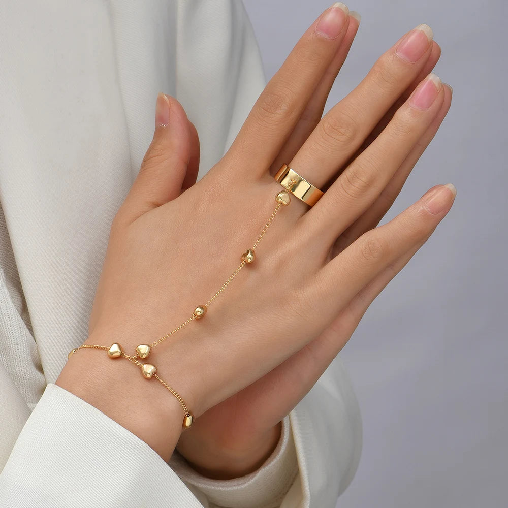 Simple Heart Pendant Chain Bracelet Link Connected Gold plated Wide Finger Ring Bracelets for Women