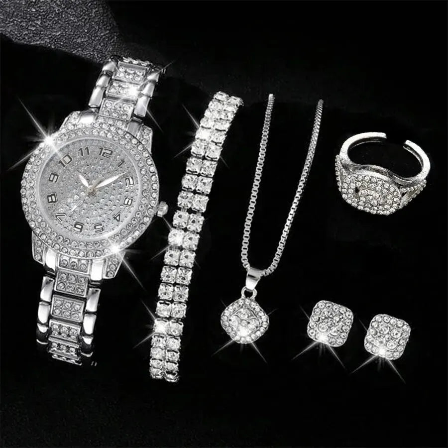 6PCS Women Watch Luxury Elegant Alloy Watch Crystal Wristwatch For Ladies